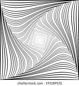 Design monochrome vortex movement illusion background. Abstract square torsion twisted backdrop. Vector-art illustration