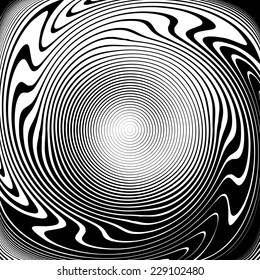 Design monochrome vortex movement illusion background. Abstract strip lines warped twisted backdrop. Vector-art illustration