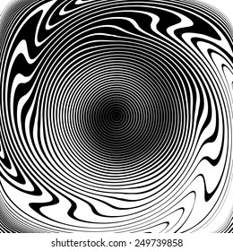 Design monochrome vortex movement illusion background. Abstract strip lines twisted warped backdrop. Vector-art illustration. No gradient
