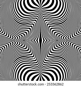 Design monochrome vortex movement illusion background. Abstract striped twisted distortion backdrop. Vector-art illustration