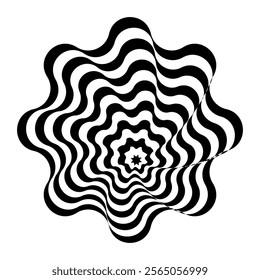 Design monochrome vortex movement illusion background. Black and white optical illusion wavy lines backdrop. 3d dynamic op art distortion effect.