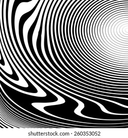 Design monochrome vortex movement illusion background. Abstract strip lines warped twisted backdrop. Vector-art illustration. No gradient