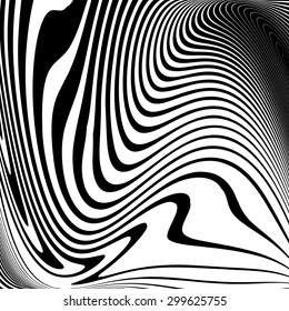 Design monochrome vortex movement illusion background. Abstract strip lines warped backdrop. Vector-art illustration. No gradient