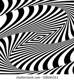 Design monochrome vortex movement illusion background. Abstract striped distortion backdrop. Vector-art illustration