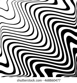 Design monochrome vortex movement illusion background. Abstract strip lines warped twisted backdrop. Vector-art illustration. No gradient. Optical art background wave design black and white