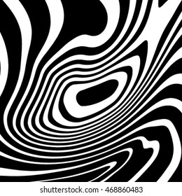 Design monochrome vortex movement illusion background. Abstract strip lines warped twisted backdrop. Vector-art illustration. No gradient