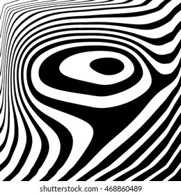 Design monochrome vortex movement illusion background. Abstract strip lines warped twisted backdrop. Vector-art illustration. No gradient