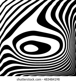 Design monochrome vortex movement illusion background. Abstract strip lines wave warped twisted backdrop. Vector-art wood illustration. No gradient

