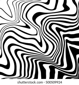 Design monochrome vortex movement illusion background. Abstract strip lines wave warped twisted backdrop. Art wood vector illustration. No gradient
