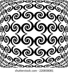 Design monochrome warped grid decorative pattern. Abstract spiral latticed textured background. Vector art