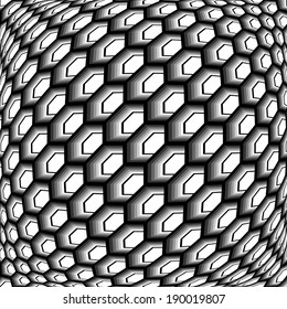 Design monochrome warped grid hexagon pattern. Abstract latticed textured background. Vector art. No gradient