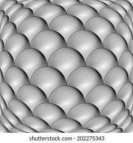 Design monochrome warped grid sphere pattern. Abstract volume textured background. Vector art