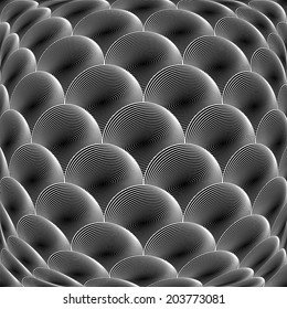 Design monochrome warped grid sphere pattern. Abstract volume textured background. Vector art