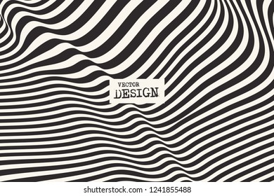 Design monochrome waving lines illusion background. Abstract stripe distortion backdrop. Zebra style decoration. Wallpaper with empty space for your text. Vector illustration