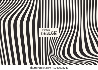 Design monochrome waving lines illusion background. Abstract stripe distortion backdrop. Zebra style decoration. Wallpaper with empty space for your text. Vector illustration