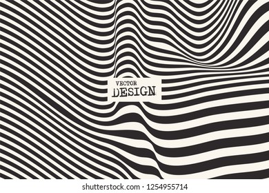 Design monochrome waving lines illusion background. Abstract stripe distortion backdrop. Zebra style decoration. Wallpaper with empty space for your text. Vector illustration