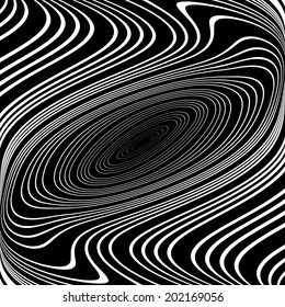 Design monochrome whirl ellipse movement background. Abstract stripy warped twisted backdrop. Vector-art illustration