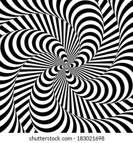 Design monochrome whirlpool motion illusion background. Abstract strip distortion backdrop. Vector-art illustration