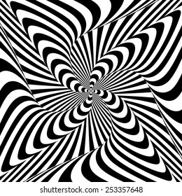 Design monochrome whirlpool motion illusion background. Abstract strip distortion twisted backdrop. Vector-art illustration