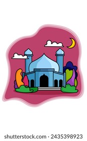 Design Mosque Grass Moon and Cloud Cartoon Illustration