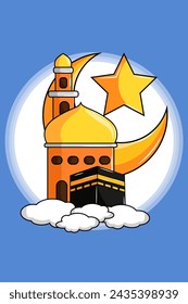 Design Mosque Half Moon and Kaabah on Cloud Cartoon Illustration