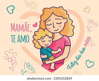 design for mother's day in brazilian language. Mother and son hugging