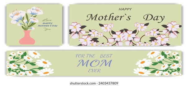 Design for Mother's Day. Set of greeting cards and banner in modern art style. Abstract background with spring flowers in pastel colors on a delicate olive background. Mother's Day templates for card
