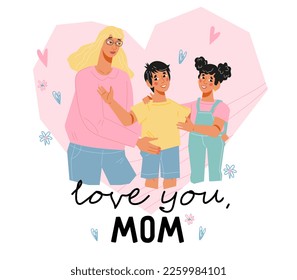 Design for Mother's Day or Women's Day 8 March greeting cards. Children present a gift to their mother, flat vector illustration on a white background.