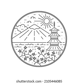 design of mount Fuji scenery, cherry blossoms and japanese pagoda in mono line art