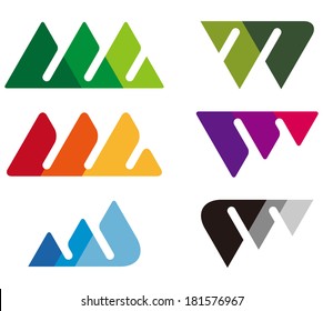 Design mountain logo element. Crushing abstract triangle pattern. Colorful icons set. A, m, w and V letter set. 