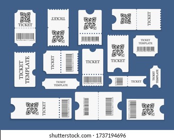 Design for movie tickets, parties, circus, festival or concert. Set of realistic tickets on white paper. Vector illustration, EPS 10.