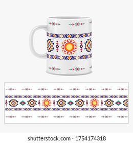 Design of a mug for a gift. Typography color ornament. Aztec style of South America. Decorative vector illustration for mug, plate, saucer and other utensils or packaging.