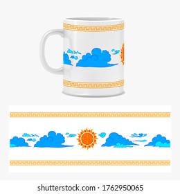 Design mugs for a gift. Typography colored ornament. Sun with clouds in Chinese and Tibetan style. Decorative vector illustration for mugs, plates, saucers and other utensils or packaging.