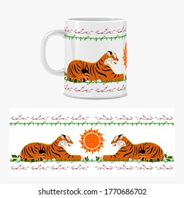 Design mugs for a gift. Typography colored ornament. Tigers with the sun in Chinese and Tibetan style. Decorative vector illustration for mugs, plates, saucers and other utensils or packaging.
