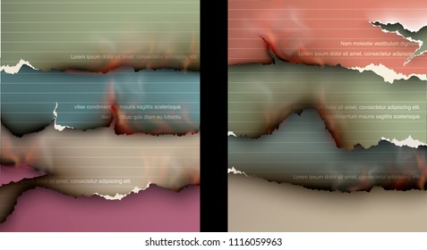 design multicolored burning templates torn paper with fire