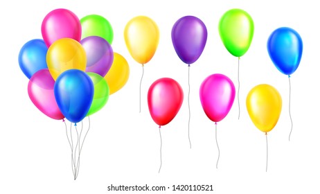 Design Multicolored Helium Air Balloons Set Vector. Bunch Of Balloons Beautiful Decoration For Holiday New Year And Festival, Celebrating Wedding And Birthday Party. Realistic 3d Illustration