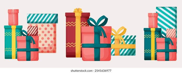 Design of multi-colored slides with gifts wrapped in gift wrapping, tied with a ribbon and decorated with a lush bow on top. Sets are located on an isolated white background, each slide contains four