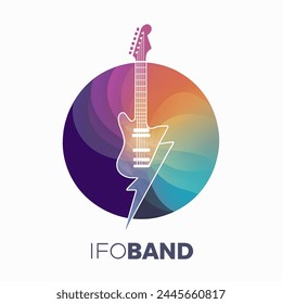 Diseña un logotipo circular plano minimalista multidimensional que fusiona a la perfección una guitarra eléctrica con un rayo para representar las prestaciones de alta energía de 'IfoBand'. Infundir tonos brillantes de púrpura