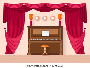 Design music room with a piano and curtain. Vector illustration. Room for music lessons. Concert hall in a flat style.