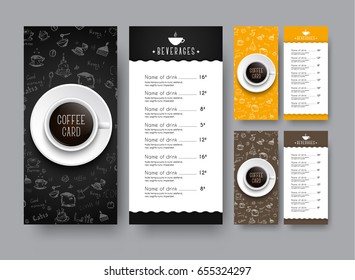 Design of a narrow menu for a cafe or restaurant. A leaflet template, with hand drawings and a cup of black coffee, is a top view. Vector illustration