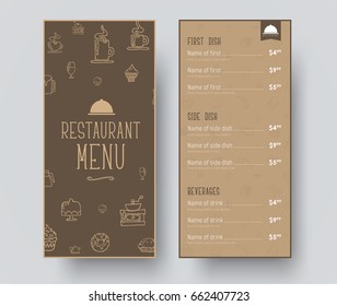 Design of a narrow menu for a restaurant or a cafe. Template in retro style with drawings by hand, heading and prices for dishes. Vector illustration