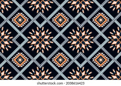 Diseño de Tejido Nativo con fondo negro y Modalidades Geométricas Marquí Naranja floral para patrones de tela, Bordado, tapicería, Decoración.