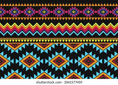Diseño de Textil Nativo con fondo negro y patrón geométrico bohemio colorido para el patrón de tela, bordado, tapicería, Decoración.