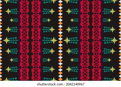 Diseño de Textil Nativo con fondo negro y Estrella Floral Patrón de Navidad Geométrica para el patrón de tela, Bordado, tapicería, Decoración.