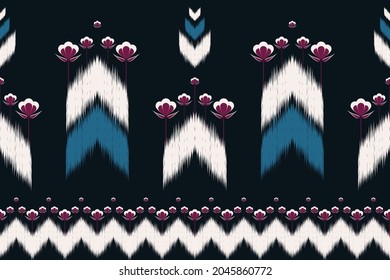 Design of Native Textile with Black background and Floral Bohemian Tribal ikat pattern for fabric pattern, Embroidery, wallpaper, Decoration.