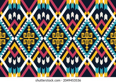 Design of Native Textile with Black background and Traditional Cross Geometric Bohemian pattern for fabric pattern, Embroidery, wallpaper, Decoration.