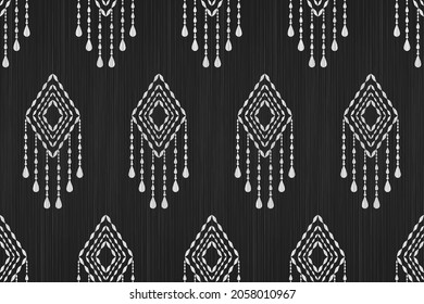 Design of Native Textile with Black background and White Bohemian Geometric pattern for fabric pattern, Embroidery, wallpaper, Decoration.