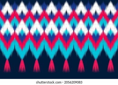Design of Native Textile with Blue background and White, Red Bohemian Geometric ikat pattern for fabric pattern, Embroidery, wallpaper, Decoration.