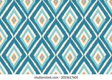 Design of Native Textile with Cream background and Blue Traditional Geometric Bohemian ikat pattern for fabric pattern, Embroidery, wallpaper, Decoration.