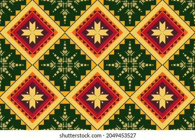 Design of Native Textile with Green background and Floral Traditional Geometric pattern for fabric pattern, Embroidery, wallpaper, Decoration.